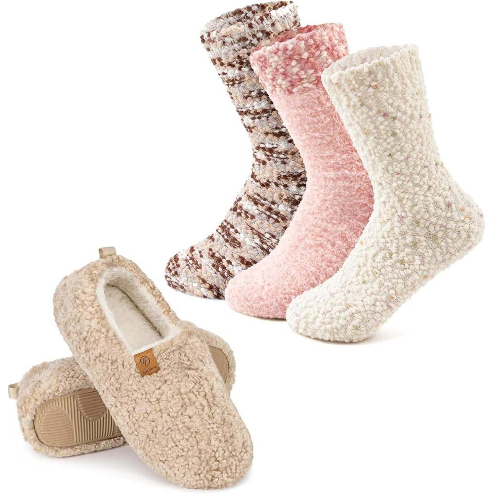 imageEverFoams Warm Womens Slippers Socks Set  Soft Full Cozy Loafer Slippers Size 78 Khaki  Cozy Chenille Socks 3Pair Set Free Size Cute Girly