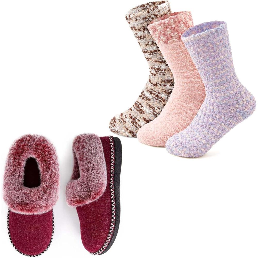 imageEverFoams Womens Winer Slipper Socks Set Womens Bootie Slippers Size 8 Wine Red Cozy Chenille Socks 3Pair Set Free Size Fairy Fluff