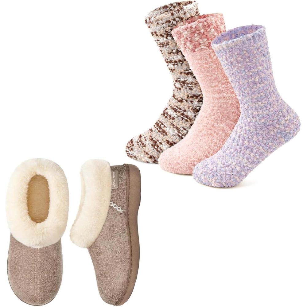 imageEverFoams Womens Winer Slipper Socks Set  Womens Microsuede Slippers Size 78 Taupe  Cozy Chenille Socks 3Pair Set Free Size Fairy Fluff