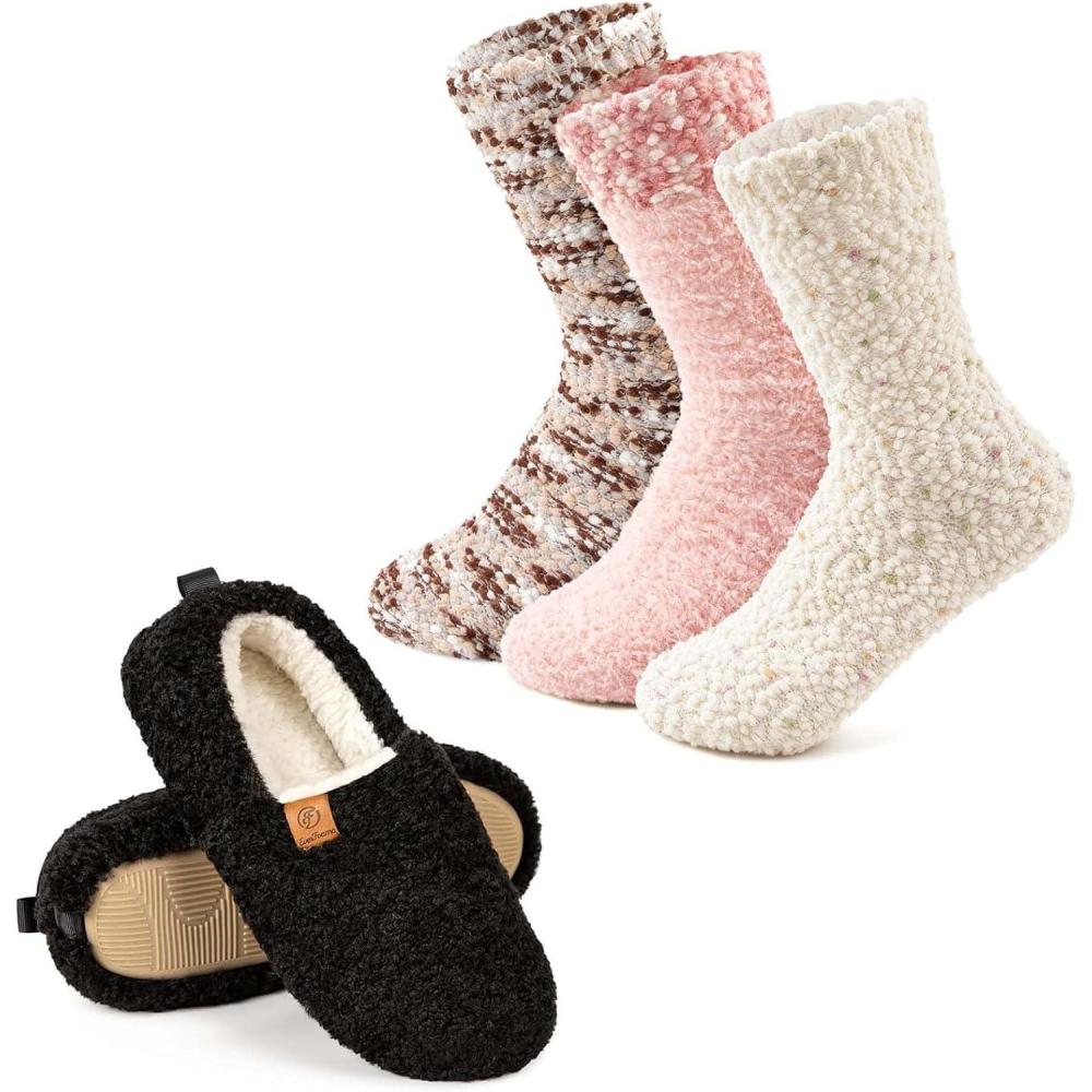 imageEverFoams Warm Womens Slippers Socks Set  Soft Full Cozy Loafer Slippers Size 78 Black  Cozy Chenille Socks 3Pair Set Free Size Cute Girly
