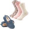 EverFoams Warm Women’s Slippers Socks Set – Soft Full Cozy Loafer Slippers (Size 7-8, Blue) – Cozy Chenille Socks 3-Pair Set (Free Size, Cute Girly)