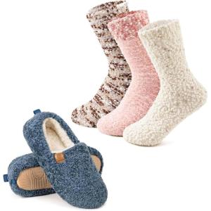 EverFoams Warm Women’s Slippers Socks Set – Soft Full Cozy Loafer Slippers (Size 7-8, Blue) – Cozy Chenille Socks 3-Pair Set (Free Size, Cute Girly)