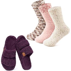 EverFoams Women’s Slipper Socks Combo – Fuzzy Open-toe Slippers (Size 7-8, Dark Purple) – Cozy Chenille Socks 3-Pair Set (Free Size, Cute Girly)