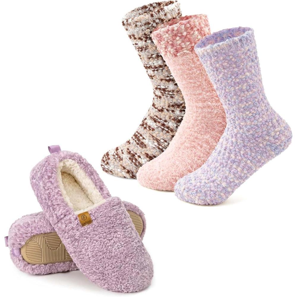 imageEverFoams Warm Womens Slippers Socks Set Soft Full Cozy Loafer Slippers Size 910 Purple Cozy Chenille Socks 3Pair Set Free Size Fairy Fluff