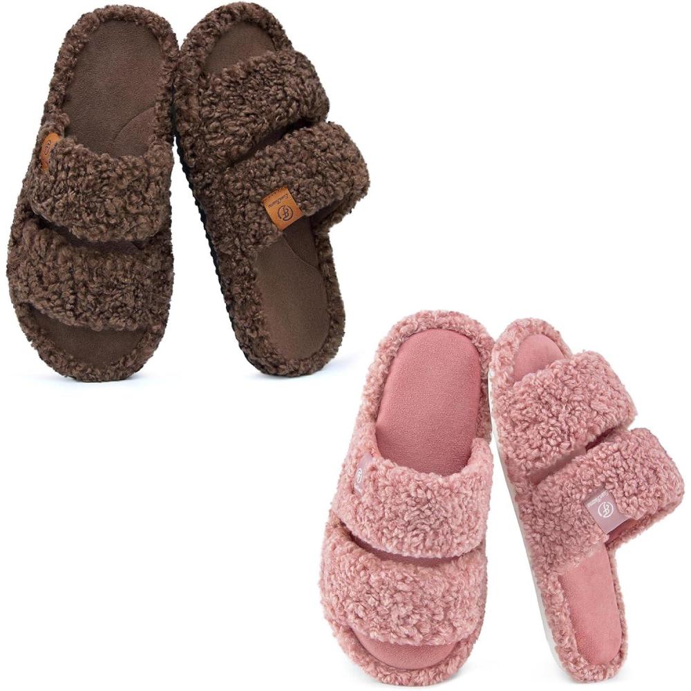 imageEverFoams Womens Set of 2 Pairs  Fuzzy Opentoe Slippers Size 910 Elegant Mocha  Fuzzy Open Toe Slippers Size 910 Dusty Pink