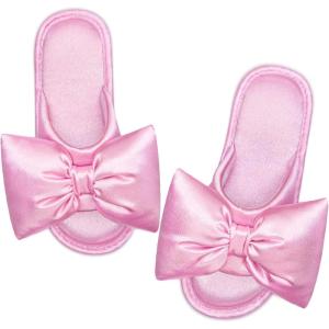 EverFoams Women’s Satin Open-Toe Bow Slippers Memory Foam Indoor Bedroom House Shoes(Pink Macaron)