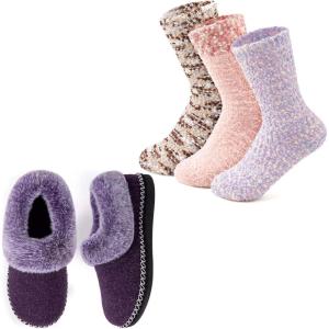 EverFoams Women’s Winer Slipper Socks Set – Women’s Bootie Slippers (Size 8, Purple) – Cozy Chenille Socks 3-Pair Set (Free Size, Fairy Fluff)