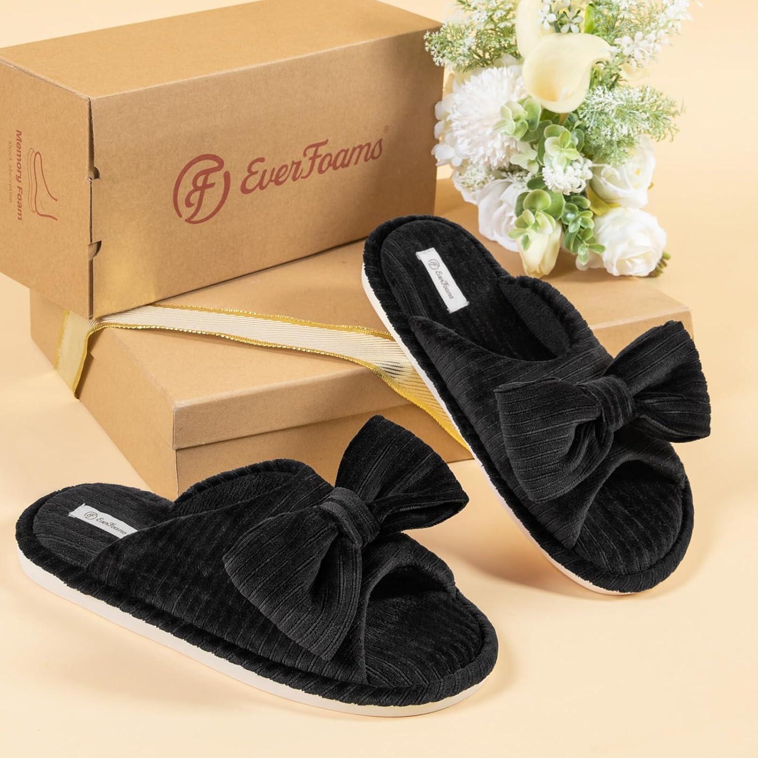 imageEverFoams Womens OpenToe Bow Slippers with Memory Foam Indoor House NonSlip SoleVelvet Black