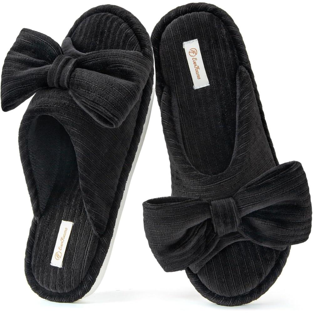 imageEverFoams Womens OpenToe Bow Slippers with Memory Foam Indoor House NonSlip SoleVelvet Black