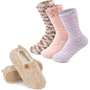 EverFoams Warm Women’s Slippers Socks Set – Soft Full Cozy Loafer Slippers (Size 5-6, Khaki) – Cozy Chenille Socks 3-Pair Set (Free Size, Fairy Fluff)