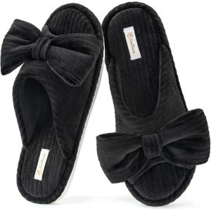 EverFoams Women’s Open-Toe Bow Slippers with Memory Foam Indoor House Non-Slip Sole(Velvet Black)