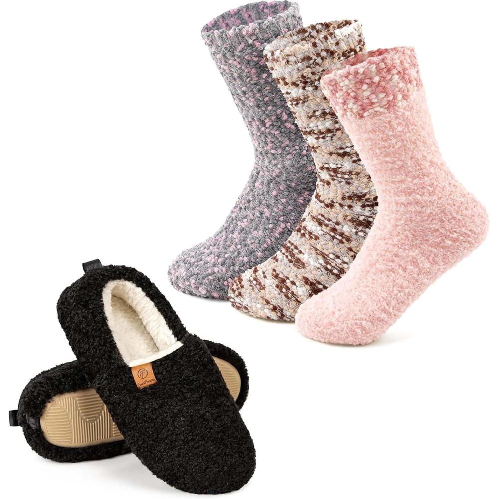 imageEverFoams Warm Womens Slippers Socks Set Soft Full Cozy Loafer Slippers Size 85 Black Cozy Chenille Socks 3Pair Set Free Size Misty Pastels