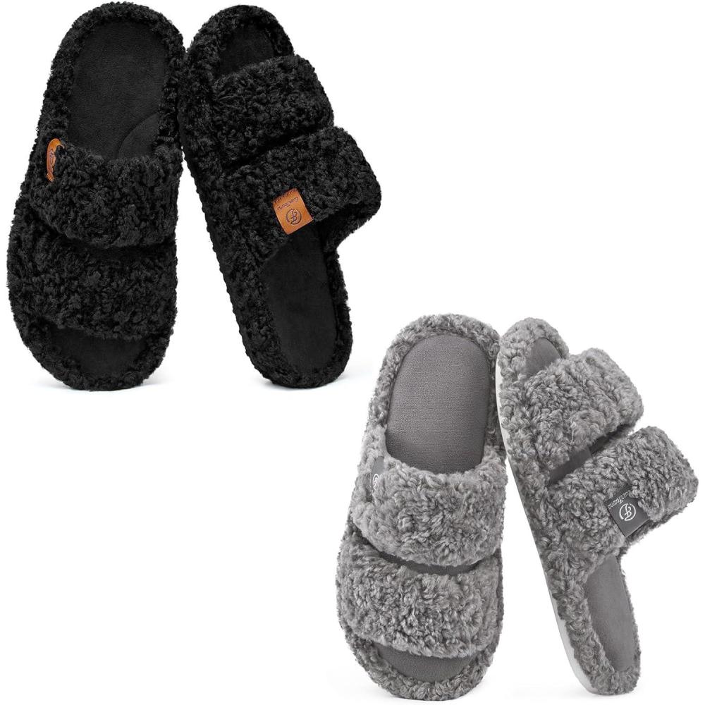 imageEverFoams Womens Set of 2 Pairs Fuzzy Opentoe Slippers Size 910 Matt Black Fuzzy Open Toe Slippers Size 910 Cool Gray