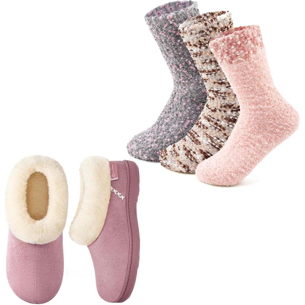 imageEverFoams Womens Winer Slipper Socks Set Womens Microsuede Slippers Size 85 Pink Cozy Chenille Socks 3Pair Set Free Size Misty Pastels