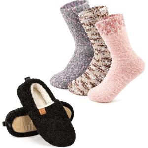 EverFoams Warm Women’s Slippers Socks Set – Soft Full Cozy Loafer Slippers (Size 8.5, Black) – Cozy Chenille Socks 3-Pair Set (Free Size, Misty Pastels)