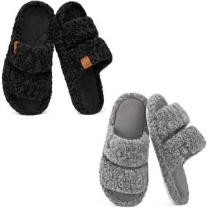 EverFoams Women’s Set of 2 Pairs – Fuzzy Open-toe Slippers (Size 9-10, Matt Black) – Fuzzy Open Toe Slippers (Size 9-10, Cool Gray)