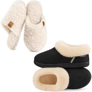 EverFoams Women’s Slippers Set- Microsuede Slippers(Black, Size 7-8) – Fuzzy Slip-on Slippers(Cream White, Size 7-8)