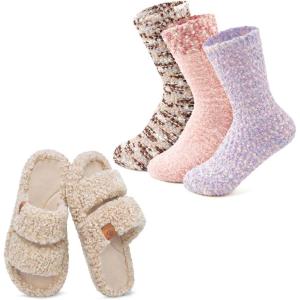 EverFoams Women’s Slipper Socks Combo – Fuzzy Open-toe Slippers (Size 9-10, Khaki) – Cozy Chenille Socks 3-Pair Set (Free Size, Fairy Fluff)