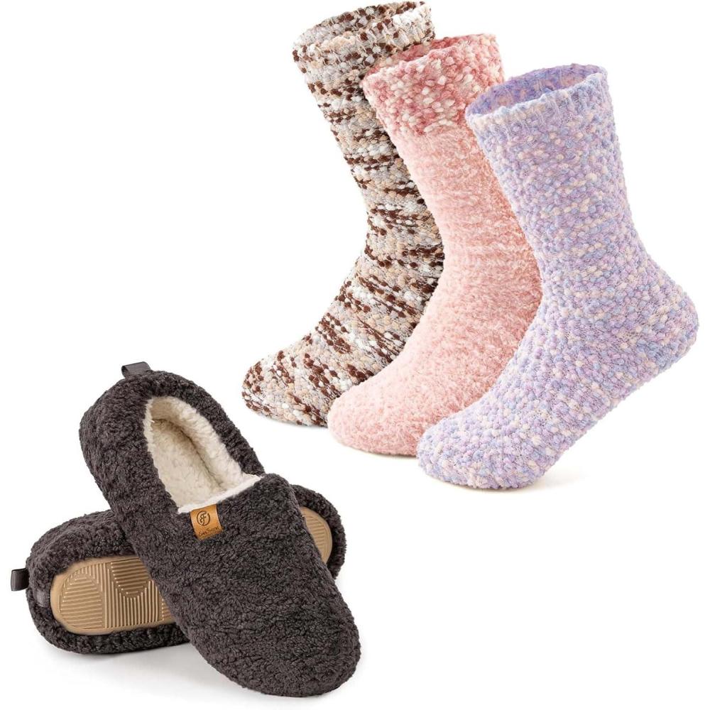 imageEverFoams Warm Womens Slippers Socks Set  Soft Full Cozy Loafer Slippers Size 85 Dark Grey  Cozy Chenille Socks 3Pair Set Free Size Fairy Fluff
