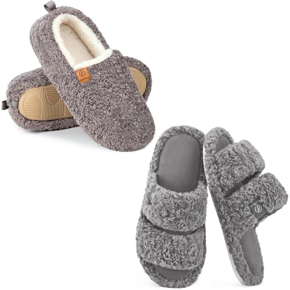 imageEverFoams Womens Set of 2 Pairs  Womens Soft Curly Full Slippers Size 910 Grey  Womens Fuzzy Open Toe Slippers Size 910 Cool Gray