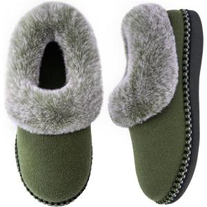 EverFoams Women’s Bootie Slippers Warm Soft Comfy Memory Foam Non-slip Indoor House Shoes with Fluffy Collar(Woodland Army Green)