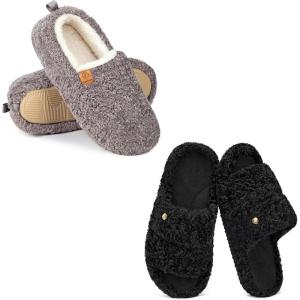 EverFoams Women’s Set of 2 Pairs – Women’s Soft Full Slippers (Size 7-8, Grey) – Women’s Open-toe Slippers (Size 7-8, Dark Black)
