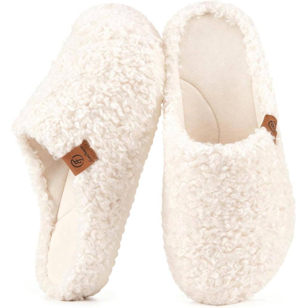 imageEverFoams Womens Fuzzy Clog Slippers with Slip on Cork Footbed for Indoor OutdoorAlmond Ivory