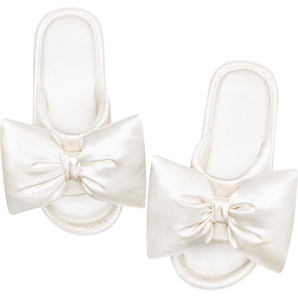 imageEverFoams Womens Satin OpenToe Bow Slippers Memory Foam Indoor Bedroom House ShoesCrystal Pearl White
