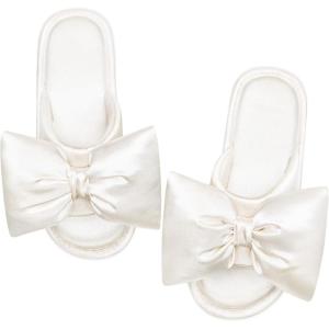 EverFoams Women’s Satin Open-Toe Bow Slippers Memory Foam Indoor Bedroom House Shoes(Crystal Pearl White)