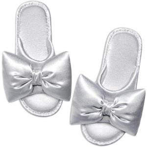 EverFoams Women’s Satin Open-Toe Bow Slippers Memory Foam Indoor Bedroom House Shoes(Glossy Silver)