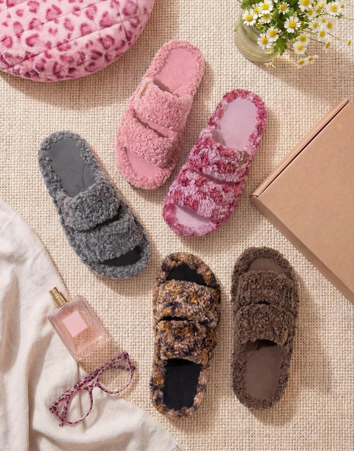 imageEverFoams Womens Fuzzy Opentoe Slippers Soft Comfy Memory Foam Indoor House ShoesDiva Wild Pink