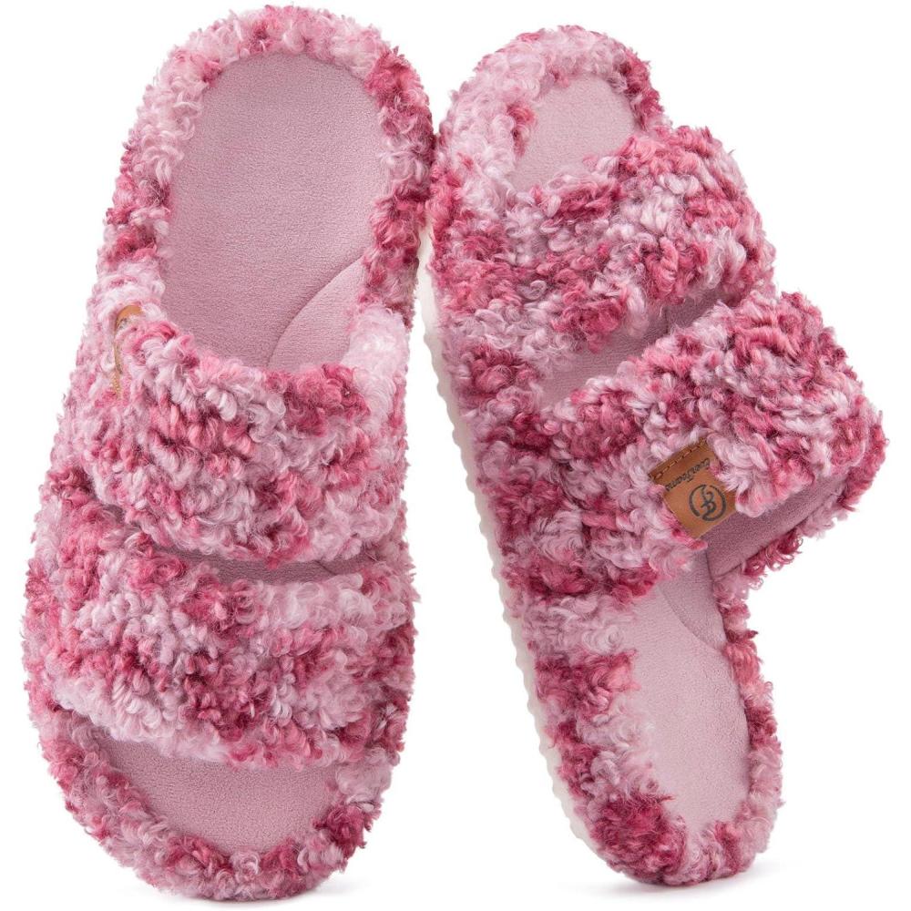 imageEverFoams Womens Fuzzy Opentoe Slippers Soft Comfy Memory Foam Indoor House ShoesDiva Wild Pink