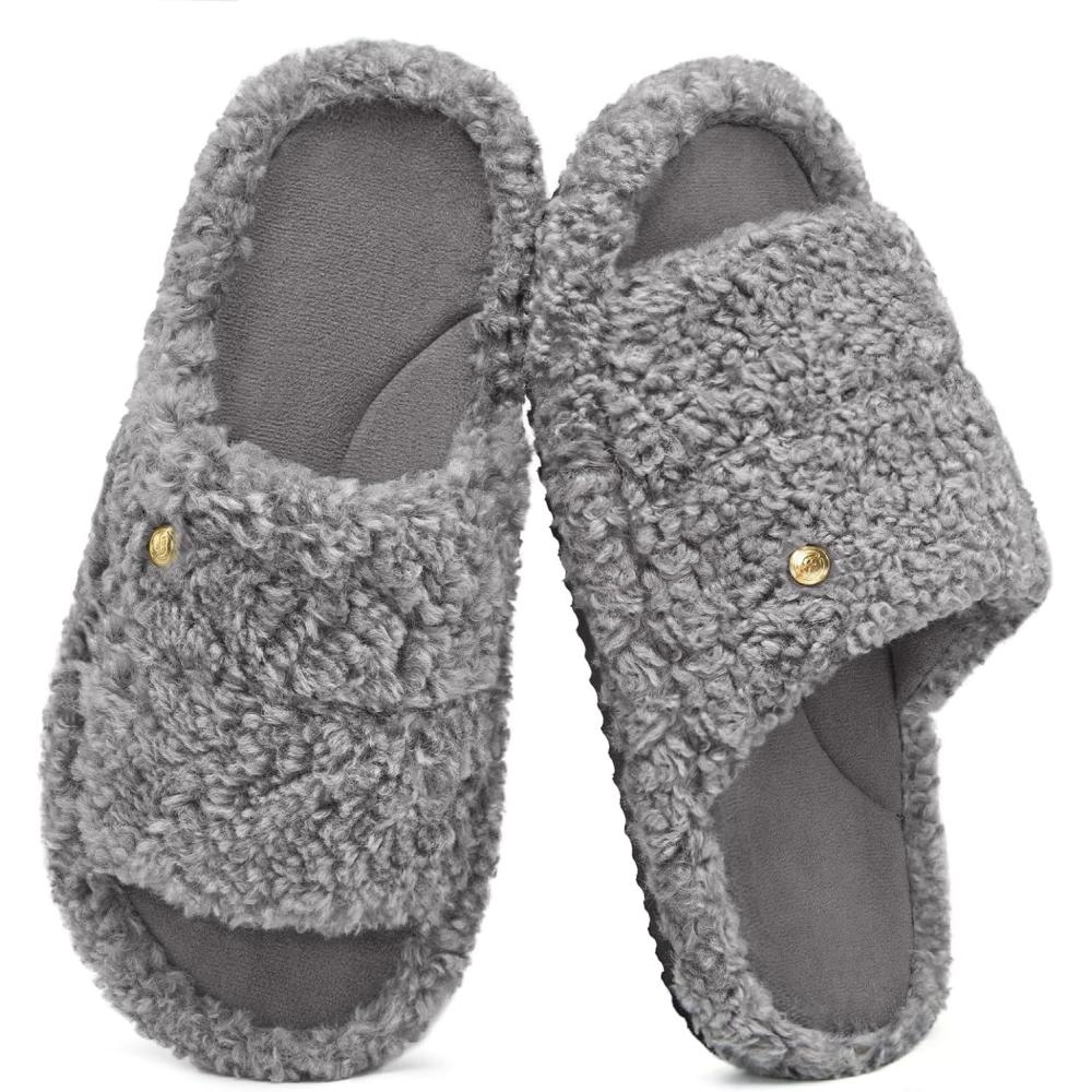 imageEverFoams Womens Fuzzy Open Toe Slippers Comfy Soft Memory Foam Indoor House ShoesAsh Gray