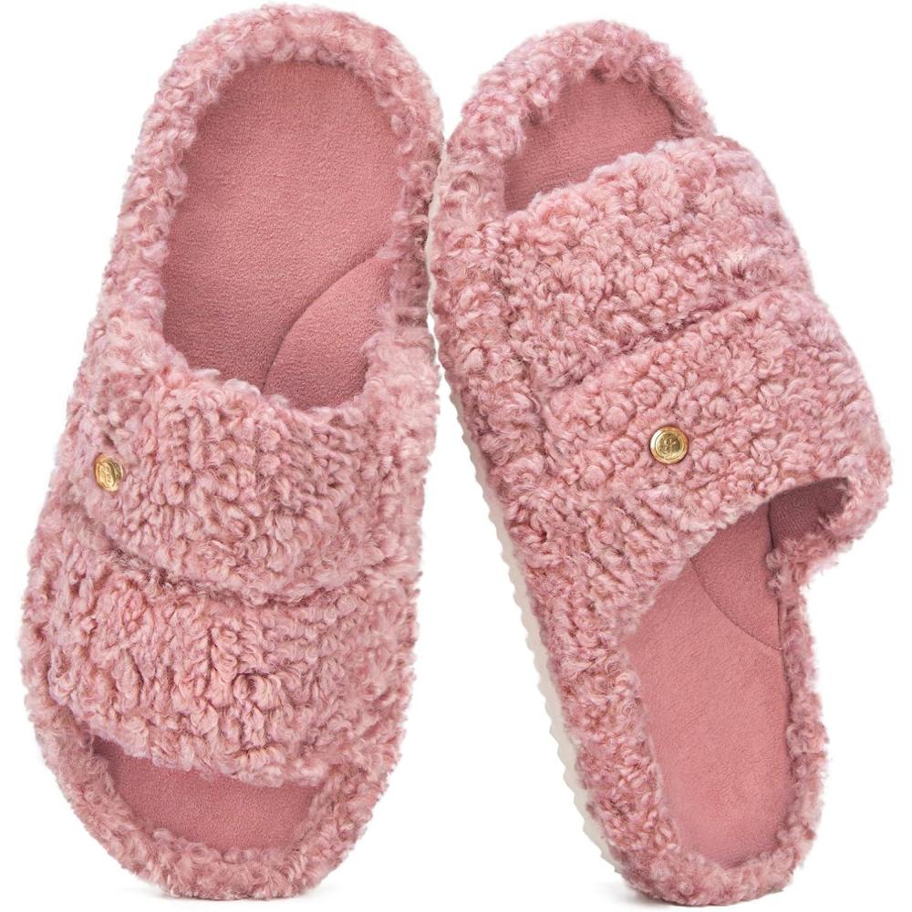imageEverFoams Womens Fuzzy Open Toe Slippers Comfy Soft Memory Foam Indoor House ShoesBlush Pink