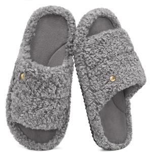 EverFoams Women’s Fuzzy Open Toe Slippers Comfy Soft Memory Foam Indoor House Shoes(Ash Gray)