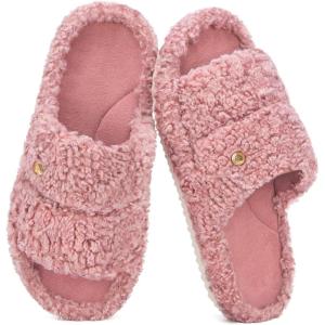 EverFoams Women’s Fuzzy Open Toe Slippers Comfy Soft Memory Foam Indoor House Shoes(Blush Pink)