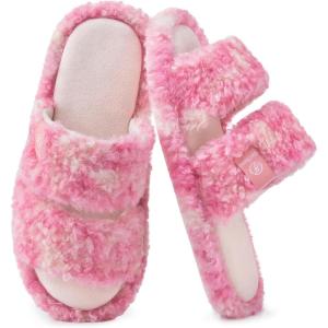 EverFoams Women’s Fuzzy Open Toe Slippers Comfy Soft Memory Foam Indoor House Shoes(Whisper Pink Tie-dye)