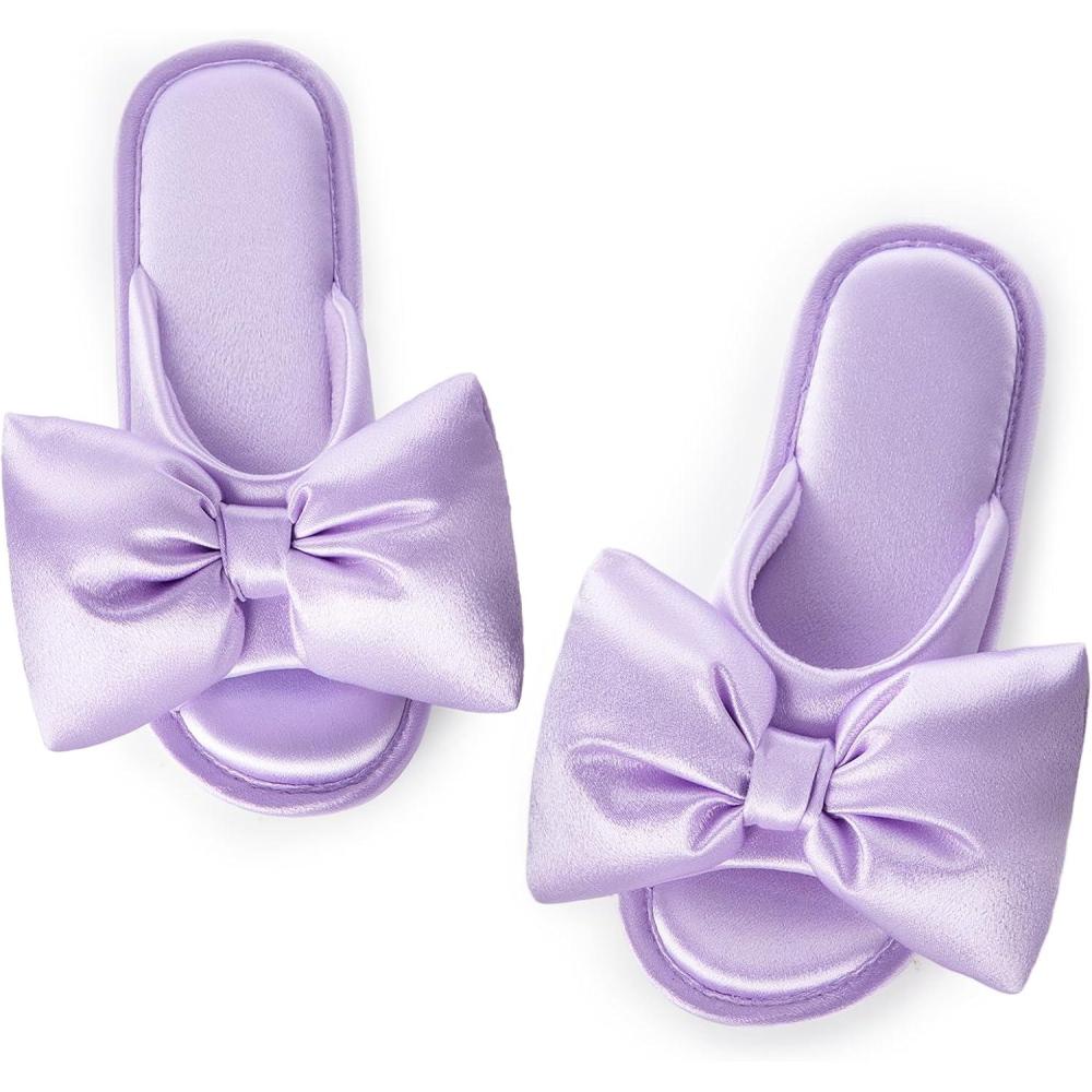 imageEverFoams Womens Satin OpenToe Bow Slippers Memory Foam Indoor Bedroom House ShoesMist Lavender