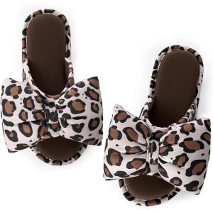 EverFoams Women’s Satin Open-Toe Bow Slippers Memory Foam Indoor Bedroom House Shoes(Wildcat Print)