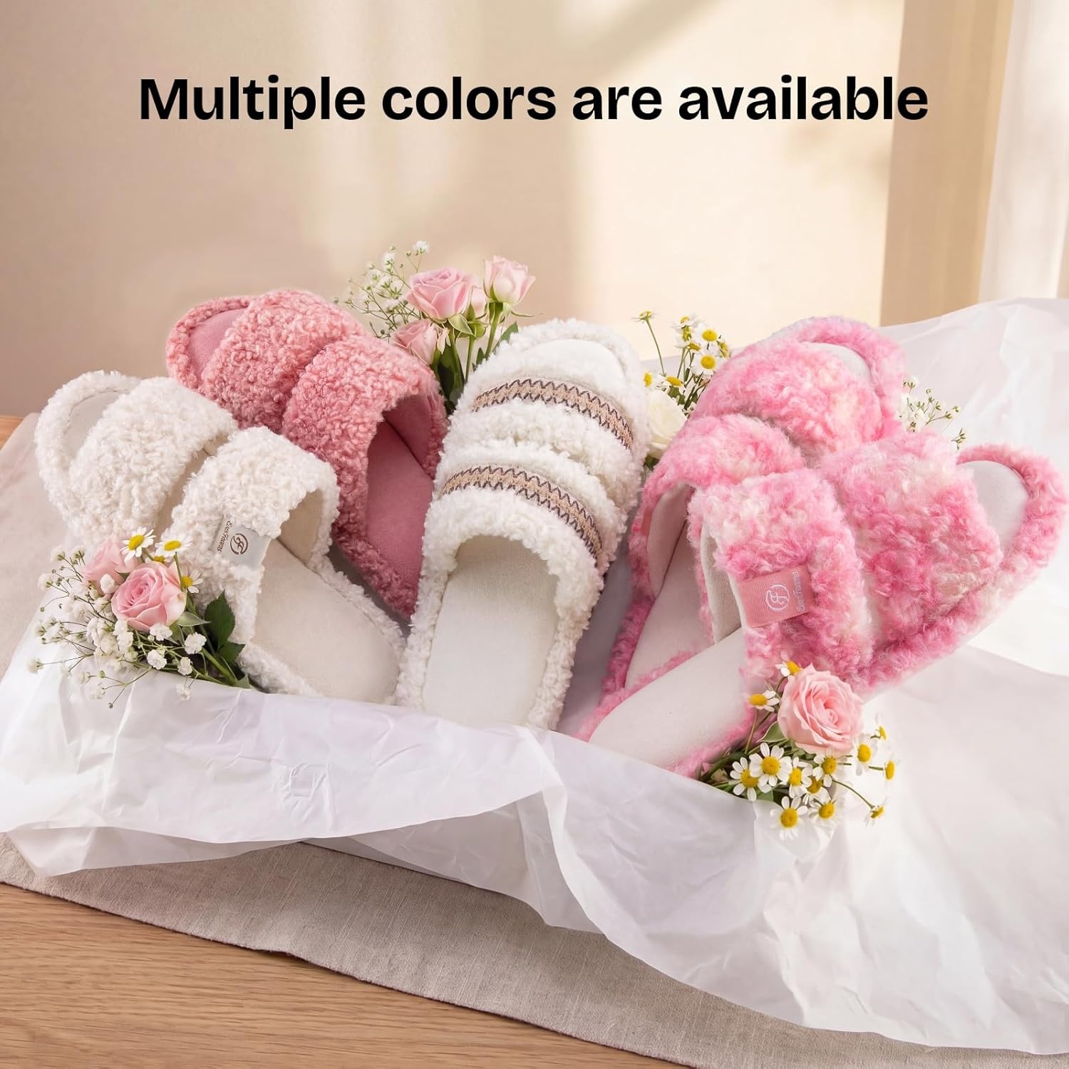 image:imageEverFoams Womens Fuzzy Open Toe Slippers Comfy Soft Memory Foam Indoor House ShoesWoven Ivory