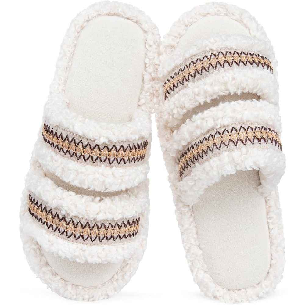 image:imageEverFoams Womens Fuzzy Open Toe Slippers Comfy Soft Memory Foam Indoor House ShoesWoven Ivory