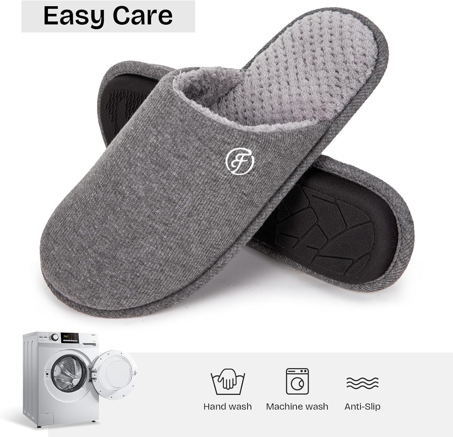 image:imageEverFoams Mens Cotton Knit Slippers Lightweight Memory Foam Indoor Breathable House Shoes with AntiSkid SoleGrey