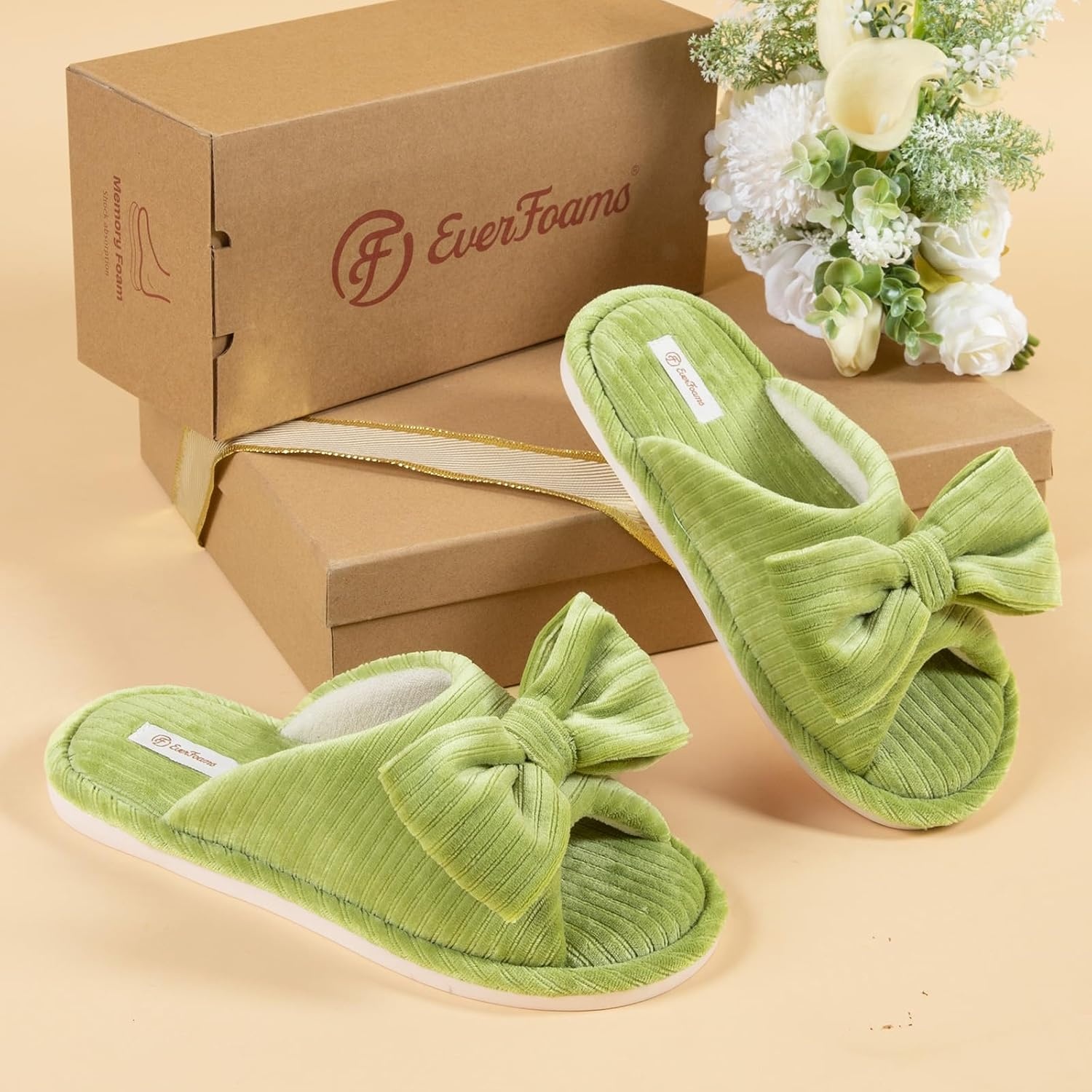 image:imageEverFoams Womens OpenToe Bow Slippers with Memory Foam Indoor House NonSlip SoleGreen Olive