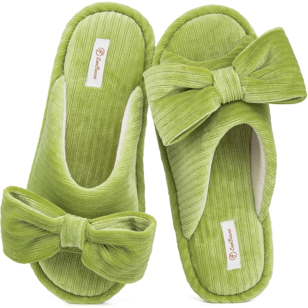 image:imageEverFoams Womens OpenToe Bow Slippers with Memory Foam Indoor House NonSlip SoleGreen Olive