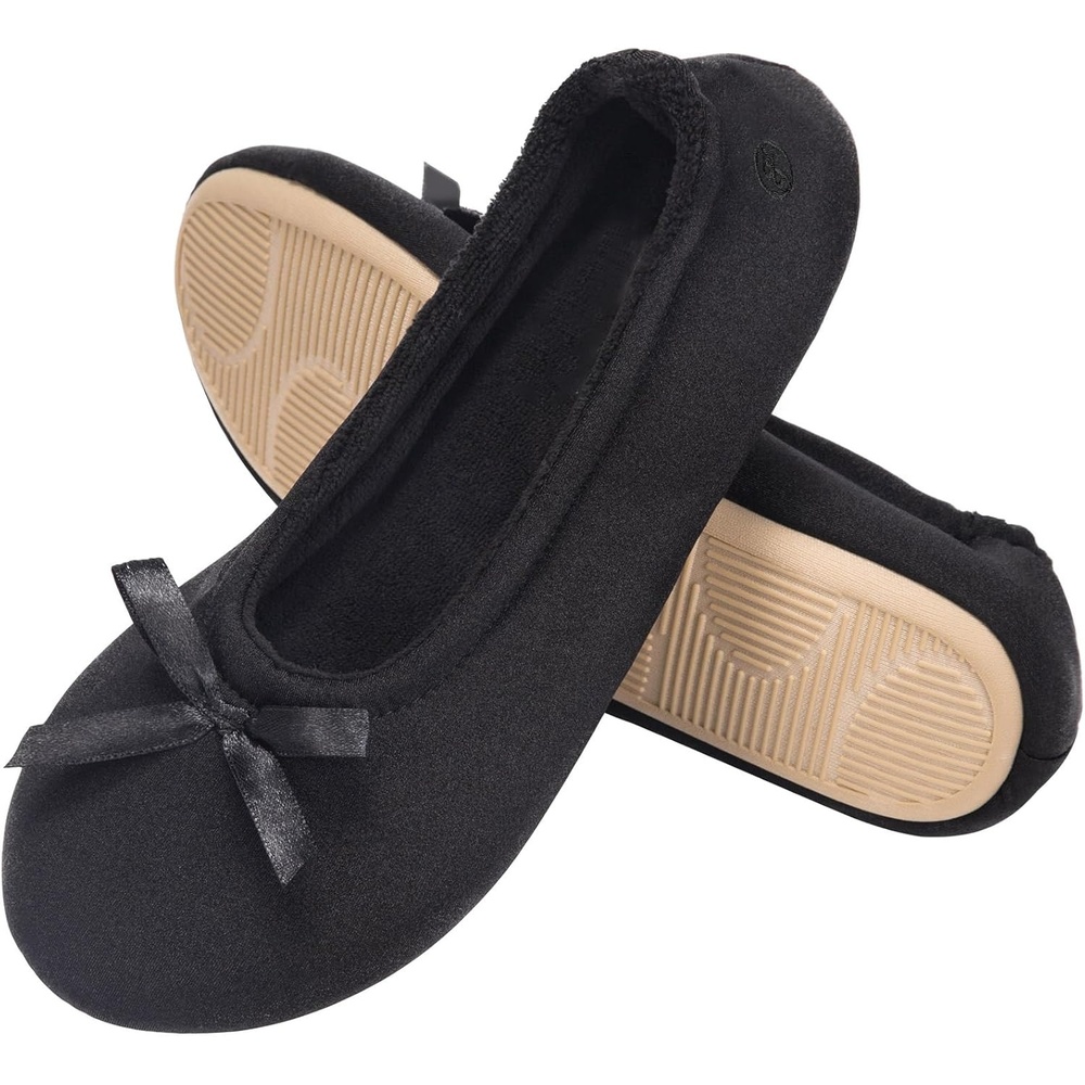 image:imageEverFoams Womens Satin Memory Foam Ballerina Slippers Comfortable House Indoor Shoes with Nonslip Rubber SoleBlack