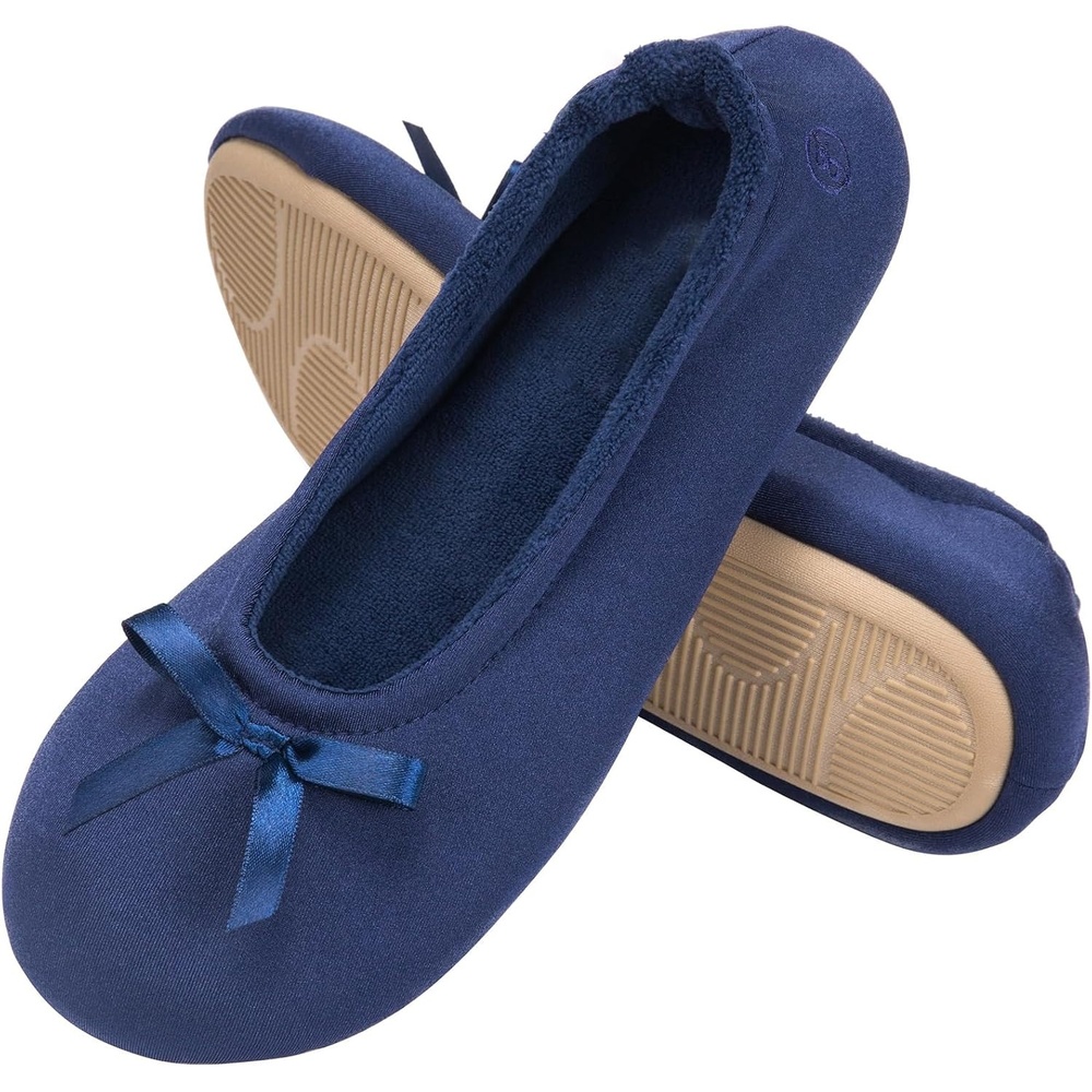 image:imageEverFoams Womens Satin Memory Foam Ballerina Slippers Comfortable House Indoor Shoes with Nonslip Rubber SoleNavy Blue