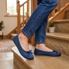 EverFoams Women’s Satin Memory Foam Ballerina Slippers Comfortable House Indoor Shoes with Non-slip Rubber Sole(Navy Blue)