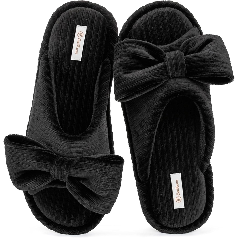image:imageEverFoams Womens OpenToe Bow Slippers Memory Foam NonSlip Indoor  Machine WashableBow DecorationSlip ResistantQuiet WalkingFloor FriendlyMemory Foam InsoleVelvet Black