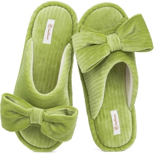 EverFoams Women’s Open-Toe Bow Slippers Memory Foam Non-Slip Indoor | Machine Washable,Bow Decoration,Slip Resistant,Quiet Walking,Floor Friendly,Memory Foam Insole(Green Olive)