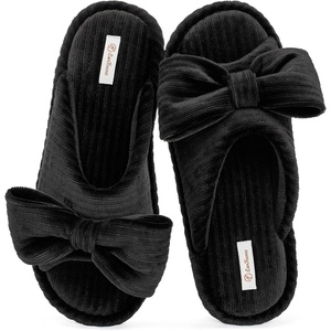 EverFoams Women’s Open-Toe Bow Slippers Memory Foam Non-Slip Indoor | Machine Washable,Bow Decoration,Slip Resistant,Quiet Walking,Floor Friendly,Memory Foam Insole(Velvet Black)